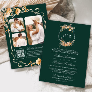 Herbst-Wildblumen-Wappen-QR-Code Smaragd-Hochzeit Einladung