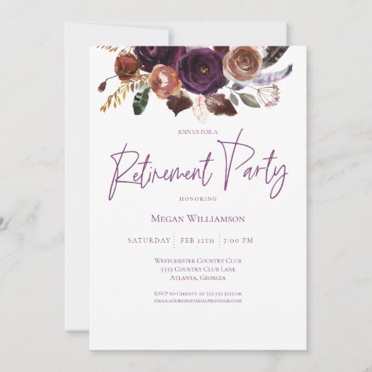 Herbst Winter Lila, Rosa und Gold Rente Party Einladung (Vorderseite)