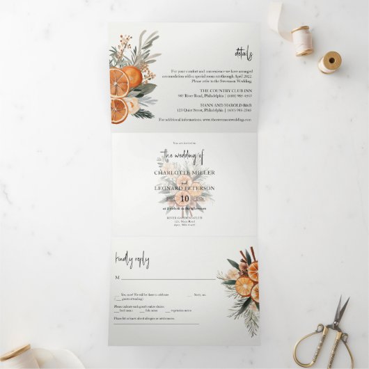 Herbst Winter Wedding Foto Tri-Fold Einladung (Innenseite)