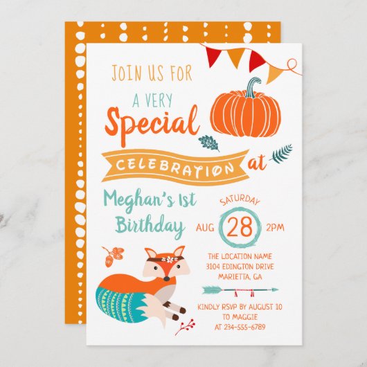 Herbst Woodland Fox Pumpkin Geburtstag Einladung (Vorne/Hinten)