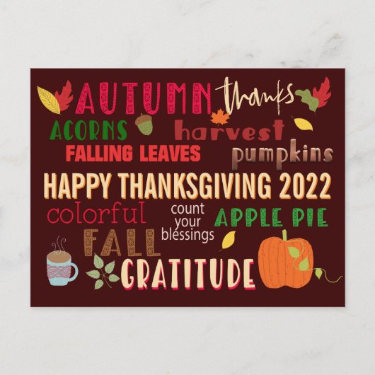 Herbst WordArt Happy Thanksgiving 2022 Braun Postkarte (Vorderseite)
