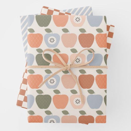 Herbstäpfel mit Karos und Streifen Geschenkpapier Set (Beispiel)