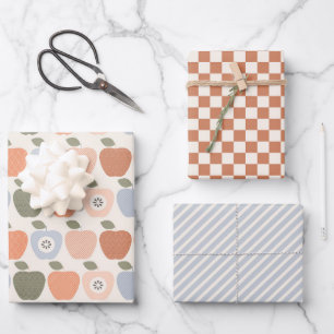 Herbstäpfel mit Karos und Streifen Geschenkpapier Set