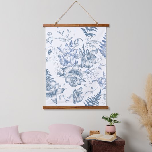 Herbstatmen Luxus Blaue Blume Nahtloses Muster Wandteppich Mit Holzrahmen (Schlafzimmer)