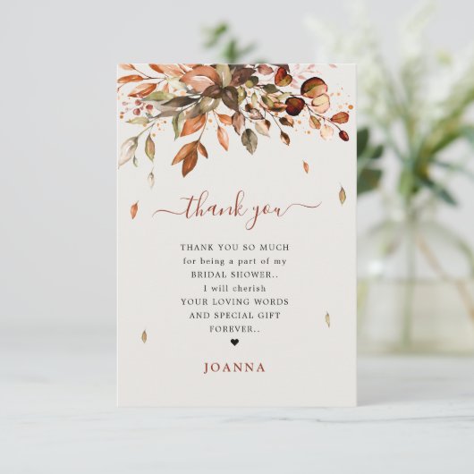 Herbstausfall Rustikales Brautparty Dankeskarte (Stehend Vorderseite)