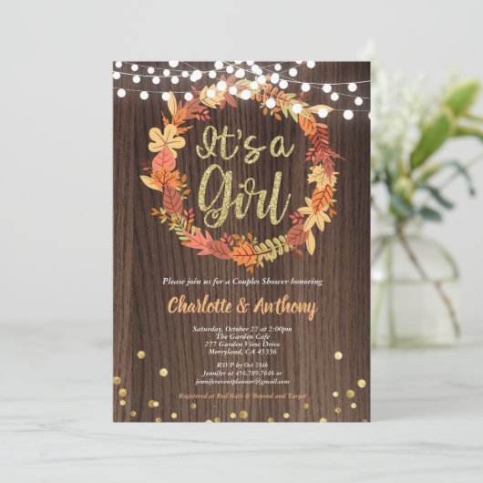 Herbstbaby Dusche Einladung Kranz rustikal (Stehend Vorderseite)
