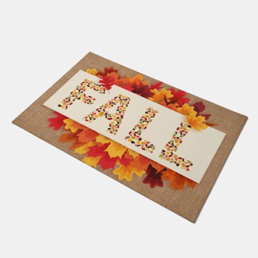 Herbstbauernhaus farbige Herbstblätter auf Burlap Fußmatte (Schrägansicht)