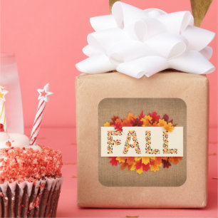 Herbstbauernhaus farbige Herbstblätter auf Burlap Quadratischer Aufkleber