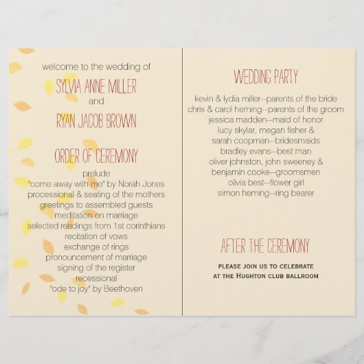 Herbstbaum, Herbst-Hochzeitsprogramm (Rückseite)