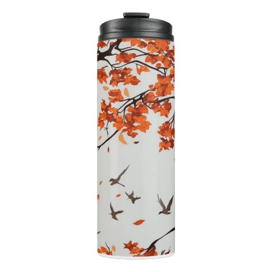 Herbstbaum mit Blätter und Vögeln. Thermosbecher (Vorderseite)