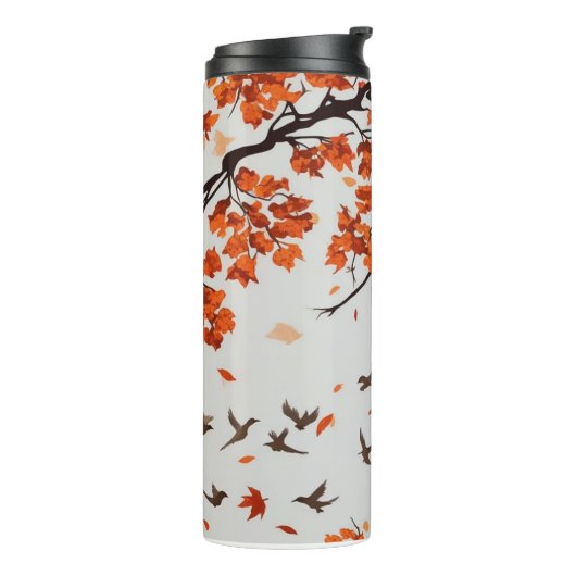 Herbstbaum mit Blätter und Vögeln. Thermosbecher (Nach links gedreht)
