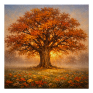 Herbstbaum mit Schmetterlingen bei Sonnenaufgang Poster