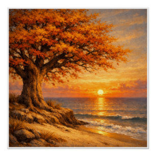 Herbstbaum mit Schmetterlingen bei Sonnenaufgang Poster