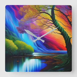 Herbstbaum Regenbogen Ridge ruhige Gewässer Quadratische Wanduhr