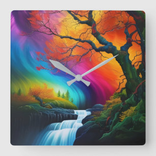 Herbstbaum, Regenbogenwasserfälle Quadratische Wanduhr