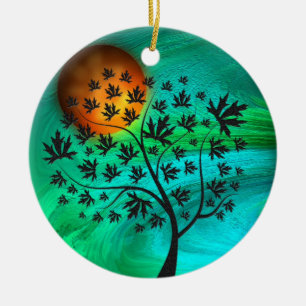 Herbstbaum und Erntemond Keramik Ornament