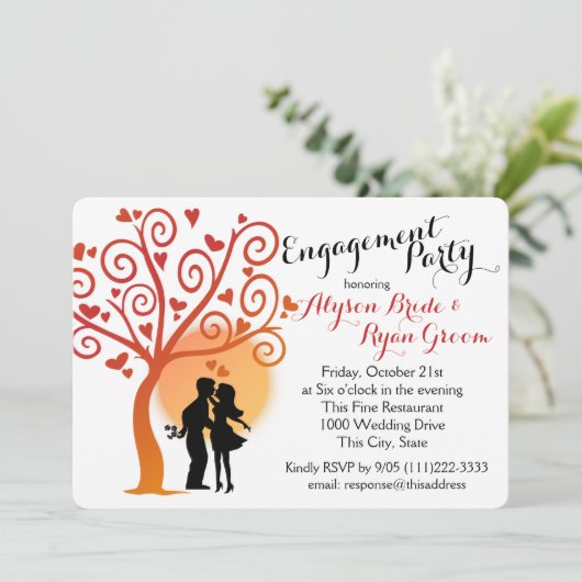 Herbstbaum und Verlobung Silhouette Einladung (Stehend Vorderseite)
