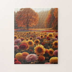 Herbstbäume/Feld mit Chrysanthemen Puzzle