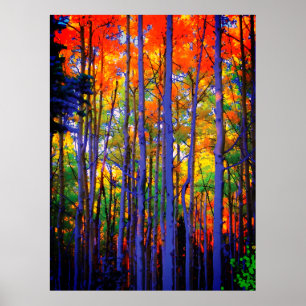Herbstbäume mit blauen Stämmen und orangen Blätter Poster