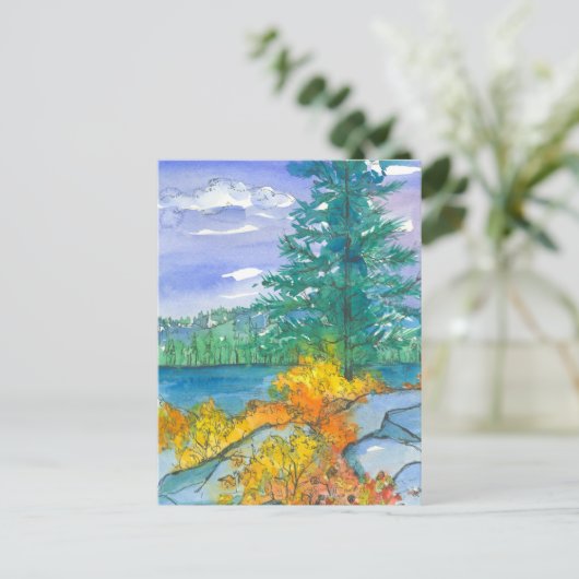 Herbstbäume Wasserfarbener See Postkarte (Stehend Vorderseite)