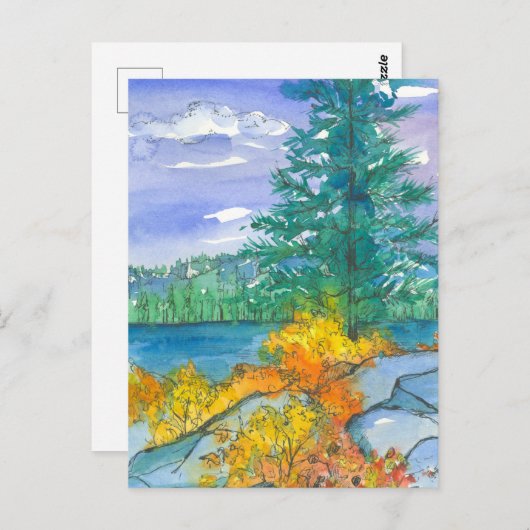 Herbstbäume Wasserfarbener See Postkarte (Vorne/Hinten)