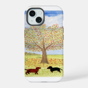 Herbstbaummalerei mit Hunden der Dackel iPhone 15 Hülle