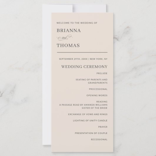 Herbstbeige Einfaches elegantes Hochzeitsprogramm (Vorderseite)