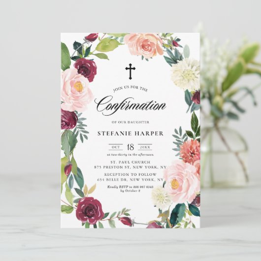 Herbstbestätigung für Burgunder und Blütenblütenbl Einladung (Stehend Vorderseite)