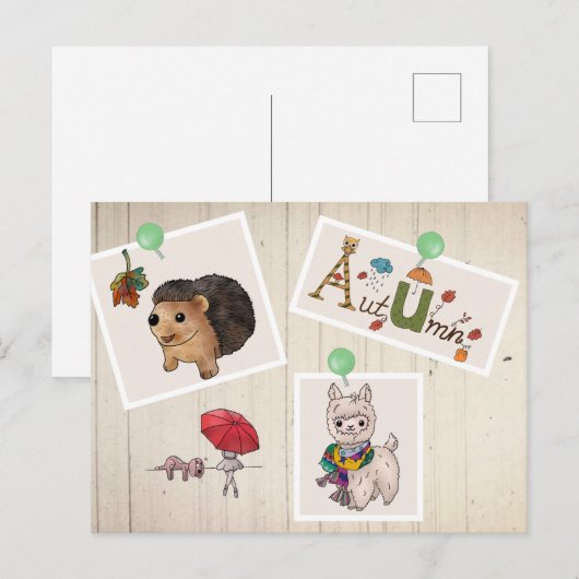 Herbstbild Kuscheltiere Postkarte (Vorne/Hinten)