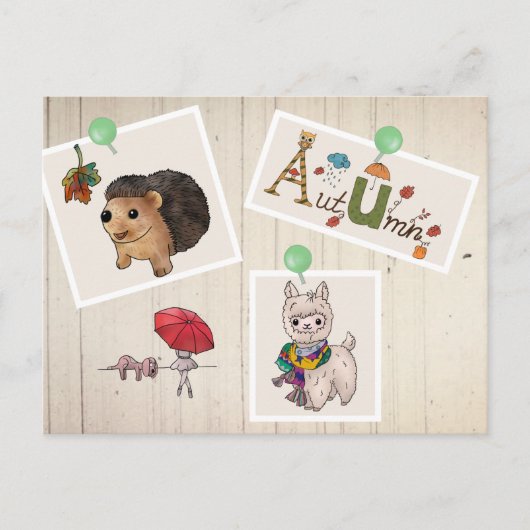 Herbstbild Kuscheltiere Postkarte (Vorderseite)