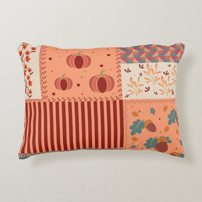Herbstblatt-Eicheln-Patchwork-Muster-Kunst Dekokissen (Vorderseite)