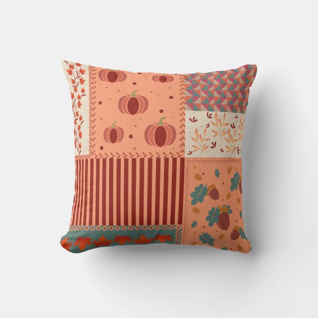 Herbstblatt-Eicheln-Patchwork-Muster-Kunst Kissen (Vorderseite)