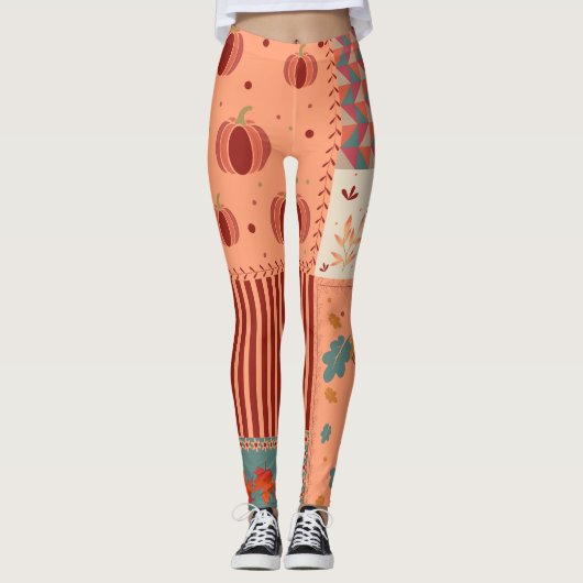 Herbstblatt-Eichen-Patchwork-Muster-Kunst Leggings (Vorderseite)
