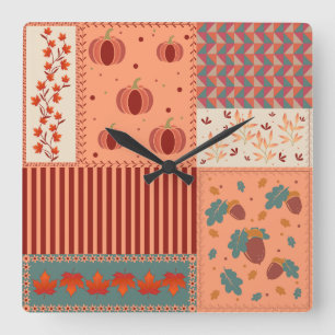 Herbstblatt-Eichen-Patchwork-Muster-Kunst Quadratische Wanduhr
