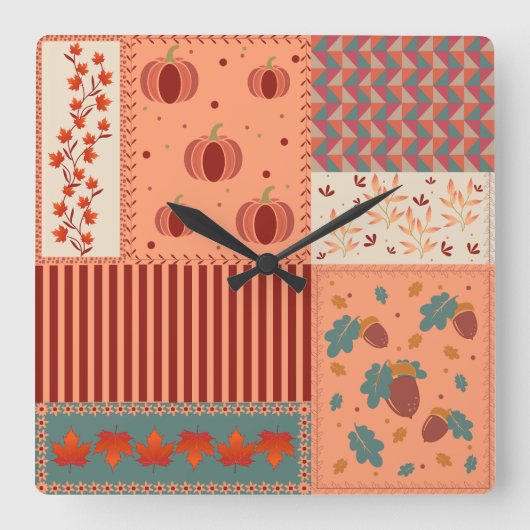 Herbstblatt-Eichen-Patchwork-Muster-Kunst Quadratische Wanduhr (Vorderseite)