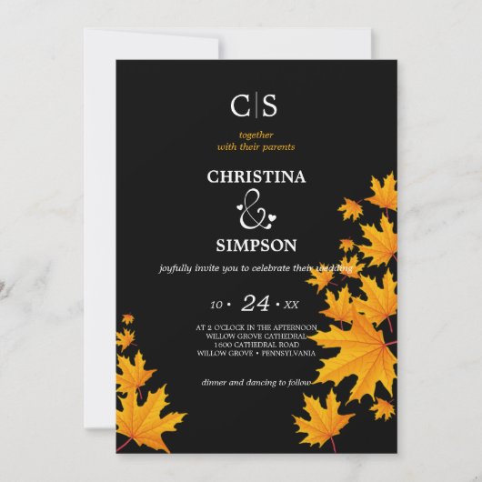 Herbstblätter aus Gelb und Schwarz Einladung (Vorderseite)