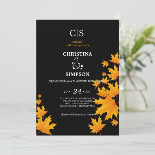 Herbstblätter aus Gelb und Schwarz Einladung (Stehend Vorderseite)