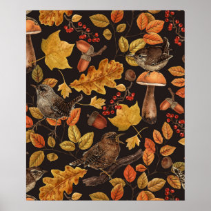 Herbstblätter, Beeren, Pilze und Zaunkönige Poster
