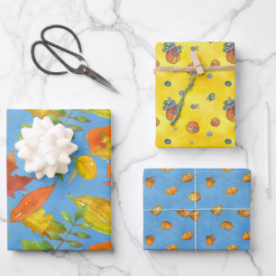 Herbstblätter Eicheln Kürbisse Bunte Herbstfarben Geschenkpapier Set
