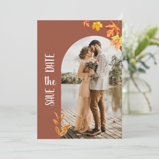 Herbstblätter, Foto, Save the Date Minimalistisch Einladung (Stehend Vorderseite)