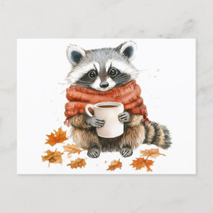 Herbstblätter gemütlicher Herbstwaschbär mit Kaffe Einladungspostkarte
