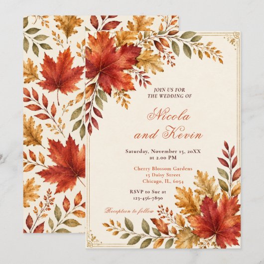 Herbstblätter Hochzeitscreme Einladung (Vorne/Hinten)