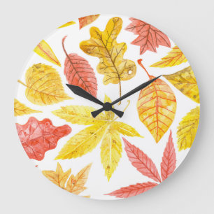 Herbstblätter in Aquarellfarbe, buntes Muster. Große Wanduhr