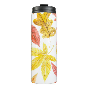 Herbstblätter in Aquarellfarbe, buntes Muster. Thermosbecher
