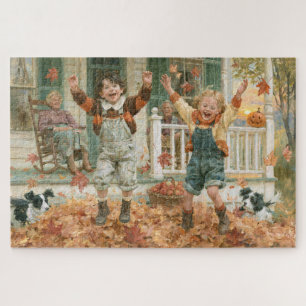 Herbstblätter-Kürbisse-Kinder nostalgische Malerei Puzzle