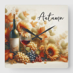 Herbstblätter, Sonnenblumen, Wein und Trauben Quadratische Wanduhr