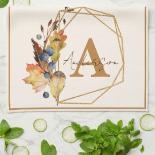 Herbstblätter und Goldrahmen personalisiert Geschirrtuch