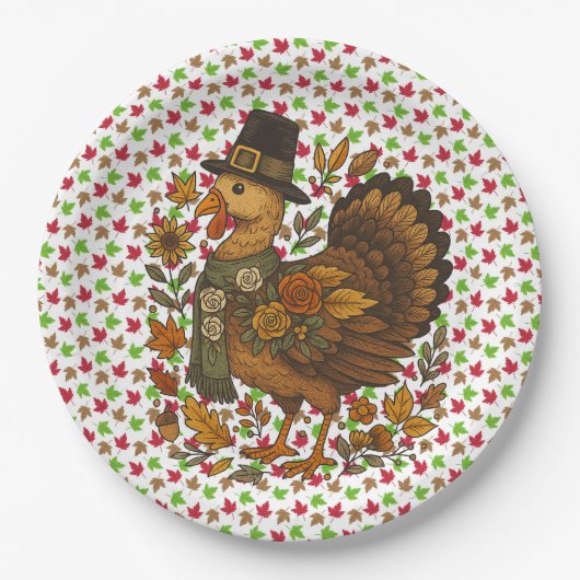 Herbstblätter und Herr Truthahn Papier-Teller Pappteller (Vorderseite)