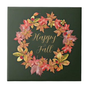 Herbstblätter und Marienkäfer mit anpassbarem Text Fliese