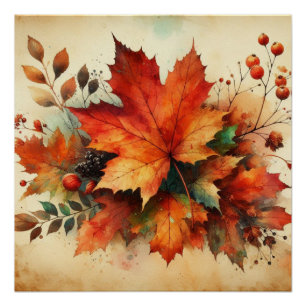 Herbstblätter vintage Aquarell Herbstfarben Poster